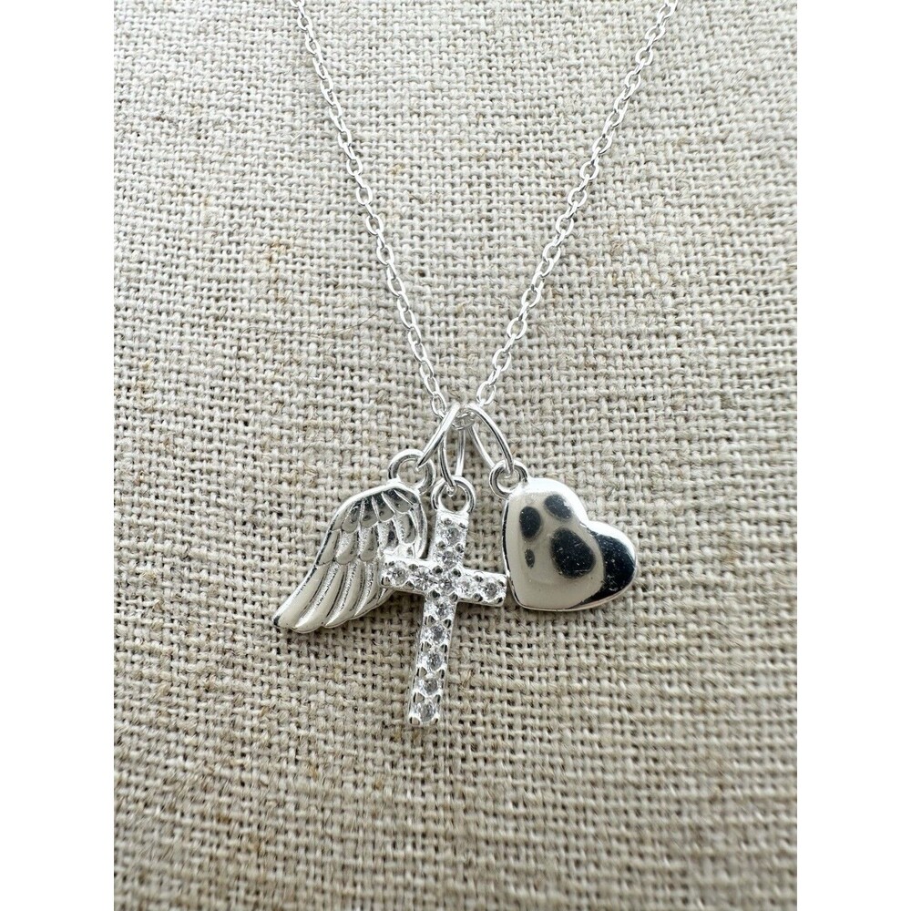 925 Sterling Silver Cross Angel Wing Heart Charm Necklace 18”